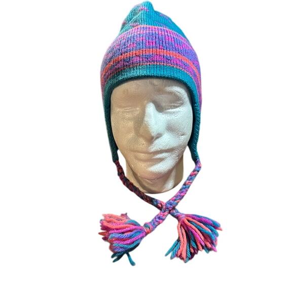 Vintage VTG ski hat wool beanie winter snow turquoise pink and purple made in VT - Picture 2 of 6